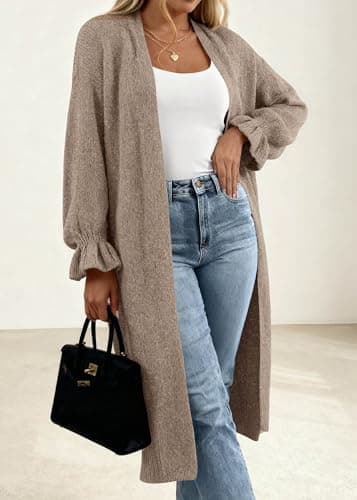 KIRUNDO Long Cardigan Sweaters for Women 2026 Spring Casual Oversized Ruffle Long Sleeve Open Front Chunky Knit Sweater Coats(Caramel, Medium) - Thumbnail 2