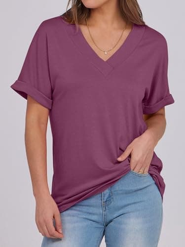 ANRABESS Womens T Shirts Short Sleeve V Neck Shirts Summer Loose Fit Dressy Tops Business Casual Blouses 2026 Basic Tees Wine Red X-Large - Thumbnail 3