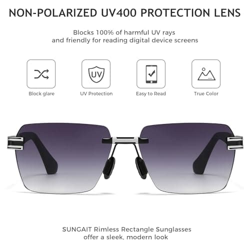 SUNGAIT Rimless Rectangle Sunglasses Square Frameless Shades for Men Women Y2K Vintage Retro UV Protection (Silver/Grey Gradient Lens) - Thumbnail 2