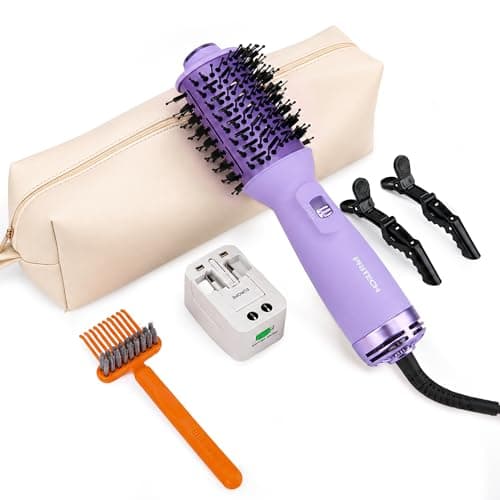 PRITECH Mini Auto Dual Voltage Hot Air Brush,Travel Hair Blow Dryer Brush,Ionic 4-in-1 Volumizer Straightener Curler,Compact Lightweight Portable Hair Styler for Worldwide Travel (Purple) - Image 1