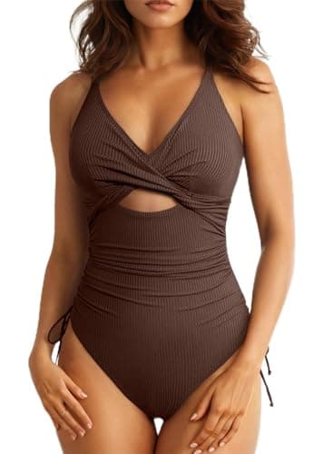 Aleumdr Tummy Control One Piece Swimsuit for Women Sexy V Neck High Cut Bathing Suit Cutout Tie Side Monokini Brown 2X-Large - Image 1