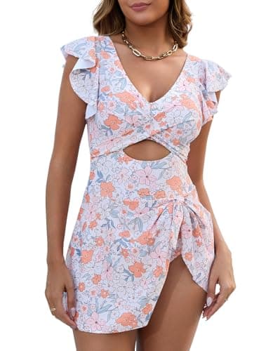 MFAVIP Women One Piece Swim Dress Tummy Control Swimsuits V Neck Ruffle Bathing Suit Cutout Wrap Side Tie Swimwear with Skirt - Image 1
