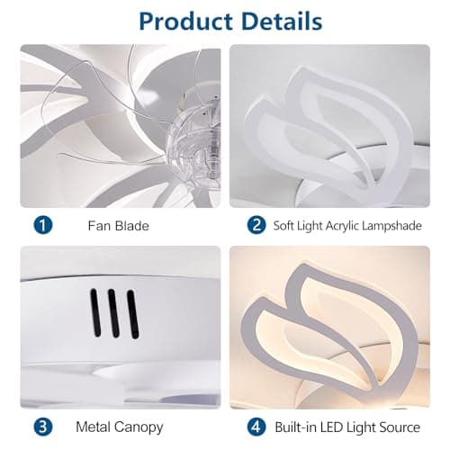 Dalouguan Ceiling Fan with Lights Remote Control, 26" White Low Profile Ceiling Fan with Light, Modern Leaf Geometric Flush Mount Ceiling Fan for Kitchen Bedroom - Thumbnail 4