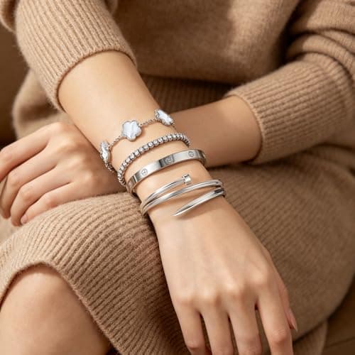 JINDETAI Stackable Silver Bracelets for Women - 3/4/5 Sets, Non-Tarnish Stainless Steel & Sterling Silver Trendy Stackable Bangle Jewelry Set, Gifts for Valentine's Day, Birthday, Prom and Christmas - Thumbnail 2