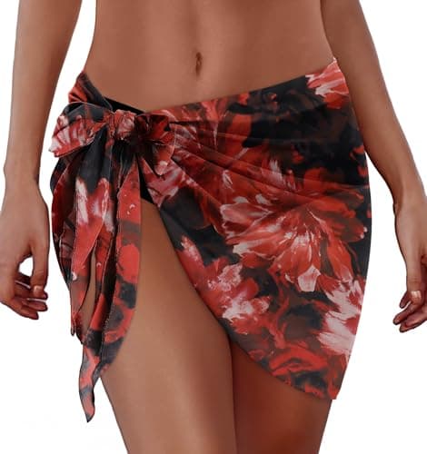 Swimsuit Coverups for Women Sarong Beach Bikini Wrap Sheer Short Skirt Chiffon Scarf for Swimwear (Deep Red Flowers,XL) - Image 1