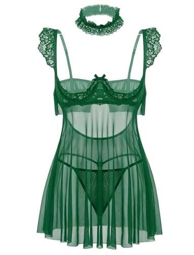 Avidlove Women Sexy Lingerie Lace Underwire Lingerie Set V Neck Sexy Push Up Babydoll Dress Green M - Image 1
