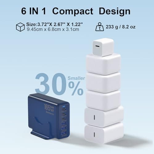 165W GaN USB C Charging Station, 6-Port Desktop Charger with 40W USB-C Fast Charging, Multiport Charging Hub for MacBook, iPhone 17/16/15, iPad, Samsung Galaxy, Tablets, Home Office Deep Blue - Thumbnail 6