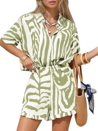 EXLURA Women 2 Piece Short Sets Faux Linen Summer Tropical Zebra Print Vacation Outfits Crop Tops Resort Wear Beach Cover Ups - Image 1