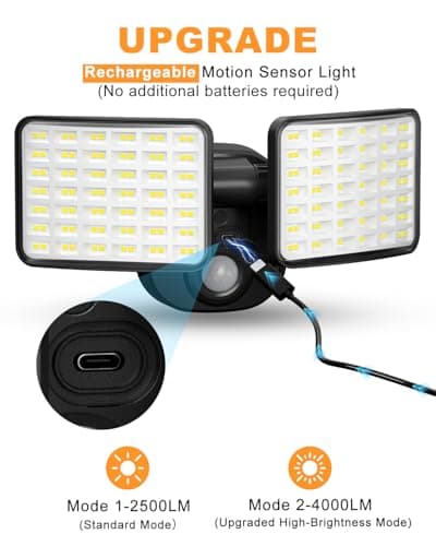 Rechargeable Motion Sensor Outdoor Light, Battery Operated Lights with 2500LM & 4000LM Dual Modes, USB Charging Wireless Flood Light, Waterproof LED Security Lights for Garage, Yard, Shed, Porch - Thumbnail 4
