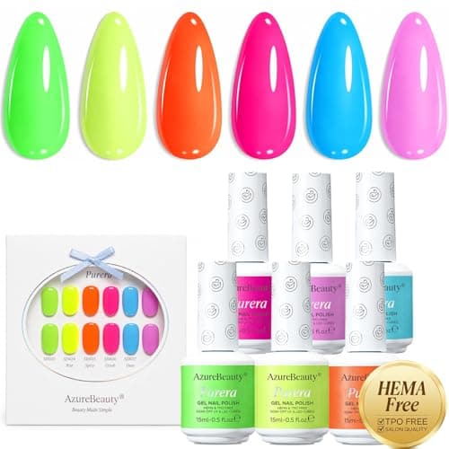 AzureBeauty 6 Colors 15ml HEMA Free Neon Purera Gel Nail Polish Set, Same Color Bottles Soak Off UV LED Gel Polish Kit DIY at Home Manicure Salon Gifts, Summer Green Yellow Orange Hot Pink Blue Purple - Image 1