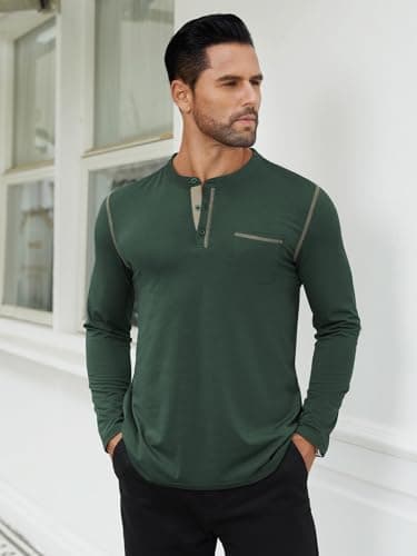 Hardaddy Men's Color Contrast Henley Shirt Long Sleeve Button T-Shirt Lightweight Henley Tshirt for Men Basic Pullover Shirt with Pocket Dark Green L - Thumbnail 2