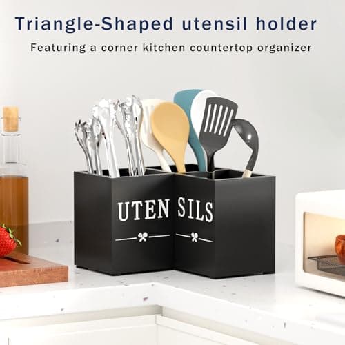 Natheeph Utensil Holder, Kitchen Utensil Holder for Counter, Extra Large Utensil Holder w/ 3-Compartment, Farmhouse Black Utensil Holder with Well-made Wood for Corner Organizer, Housewarming Gift - Thumbnail 5