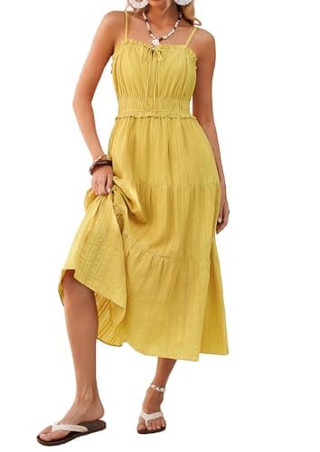 Kate Kasin Womens Spring Summer Boho Spaghetti Strap Dress, Casual Sleeveless A Line Beach Sun Dress, Flowy Long Midi Dresses Pockets Yellow - Image 1