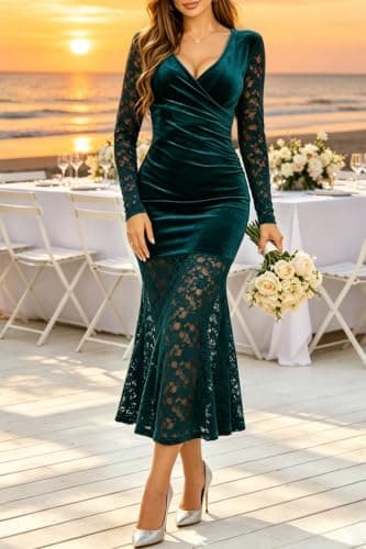 Ystguic Women Long Sleeve Wrap V Neck Bodycon Velvet Lace Ruched Elegant Sexy Dress Ladies Fall Evening Party Date Night Wedding Guest Cocktail Party Dresses X-Large YG064 Dark Green XL - Thumbnail 2