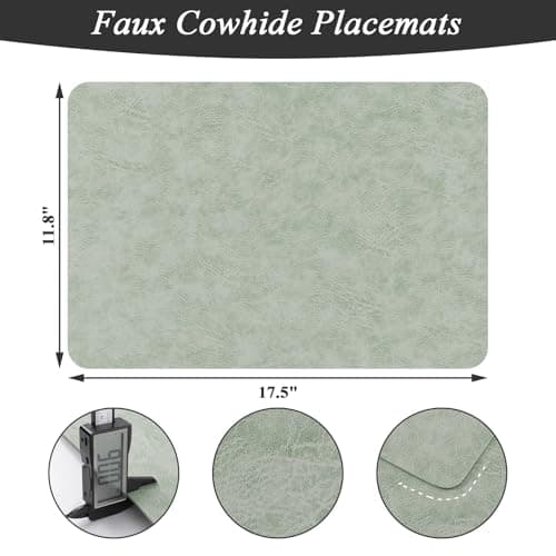 SHACOS Faux Cowhide Leather Placemats Set of 4, Wipeable Heat Resistant Table Mats, Stain Resistant Double Sided Reversible PU Place Mats for Dining Table Kitchen Restaurants, Green and Ivory - Thumbnail 2
