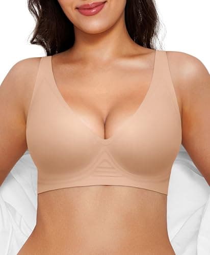 Womens Bras Full Support Wireless Comfortable Bra No Underwire Comfy Tshirt Push Up Bralettes Deep V Seamless Bra Beige - Image 1
