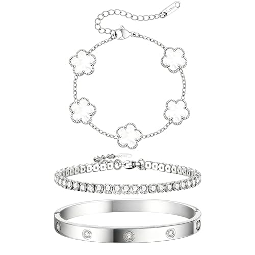 JINDETAI Stackable Silver Bracelets for Women - 3/4/5 Sets, Non-Tarnish Stainless Steel & Sterling Silver Trendy Stackable Bangle Jewelry Set, Gifts for Valentine's Day, Birthday, Prom and Christmas