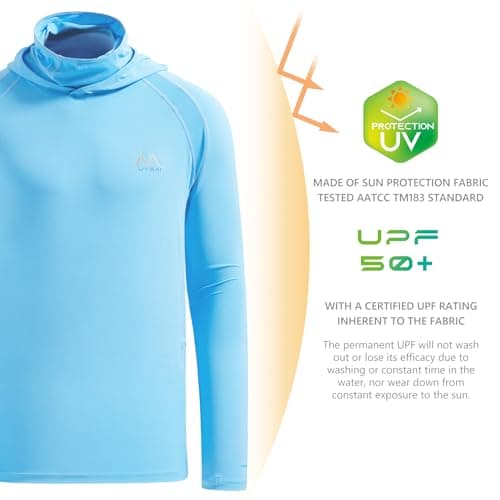 UVSAI Men’s UPF 50+ Hoodie Shirt with Mask Long Sleeve Permanent UV Sun Protection Neck Gaiter Performance T for Outdoor Sky Blue - Thumbnail 4