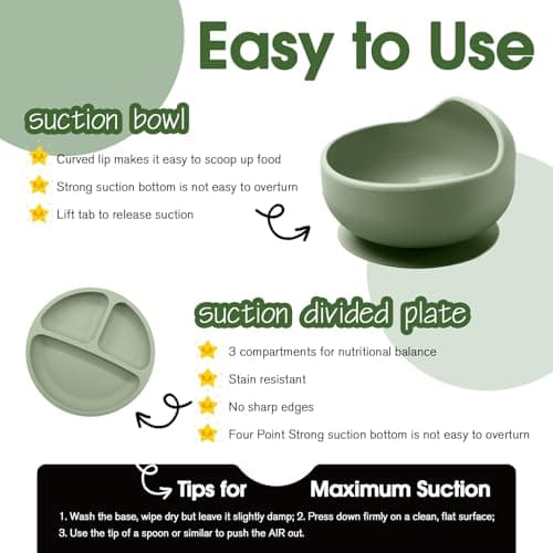 Baby Led Weaning Supplies, 17 Piece BPA-Free Silicone Feeding Set, Eating Essentials Baby Utensils with Suction Plate and Bowl, Pocket Bib, Sippy Cup with Lid, for 6+ Months, Green - Thumbnail 5
