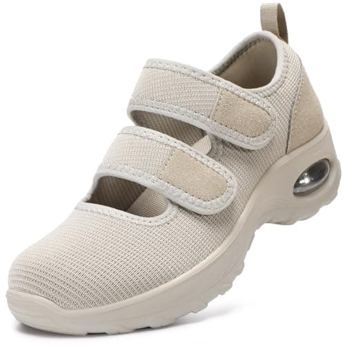 STQ Womens Diabetic Shoes Non Slip Orthopedic Walking Shoes Breathable Adjustable Mary Jane Shoe Taupe, Size 9 - Image 1