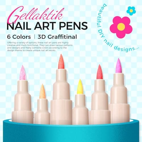 6 Colors Nail Art Pens, 3D Nail Polish Pens Set 0.7mm Quick-Drying Acrylic Paint Markers Dotting Liner Drawing Pens for Nail Design, DIY Home Salon Manicure Tools Halloween Beginners Gifts - Thumbnail 2