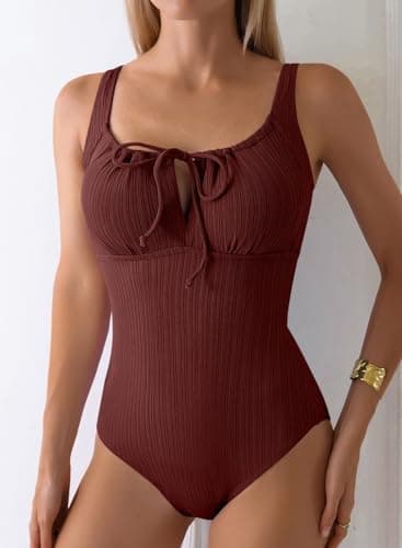 Aleumdr Women's Textured Swimsuits Tie Knot Tummy Control One Piece Swimwear Modest Vintage Bathing Suits with Cutout Burgundy Red Medium - Thumbnail 2