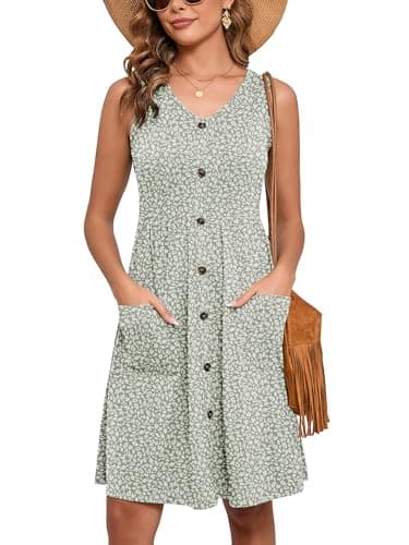 Heymoments Women Summer Dress Spots X-Large Sleeveless V Neck Casual Cute Loose Sundress Comfy Swing Button Down Midi Work Flowy Tunic Ladies Beach Vacation Teacher Dresses with Pockets - Image 1