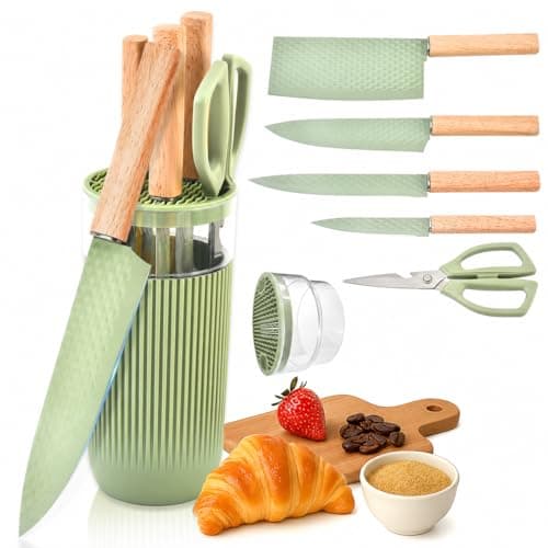 TOPLUCKY Knife Set, 6-Piece Kitchen Knife Set with Sharp Chef and Meat Knives, Anti-Rust Utility Knives Set for Kitchen, Kitchen Knife Block Set （Green） - Image 1
