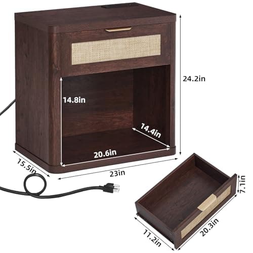 LEYAOYAO Rattan Nightstands Set of 2 with Charging Station, Walnut Night Stand with Drawer, 23" Wide Boho Bedside Table with Storage Shelf, Bed Side End Tables for Bedroom, Living Room, Hallway - Thumbnail 3