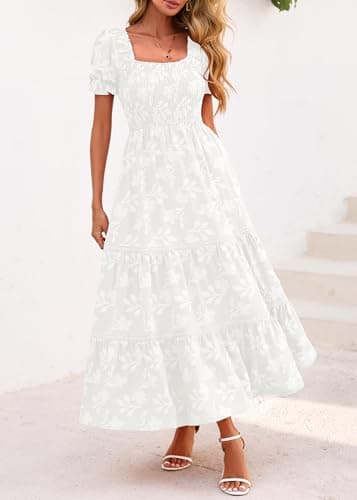 Lazysmile Women's Summer Boho Floral Maxi Dress Short Sleeve Square Neck Smocked Ruffle Elegant Wedding Guest Dress White - Thumbnail 5
