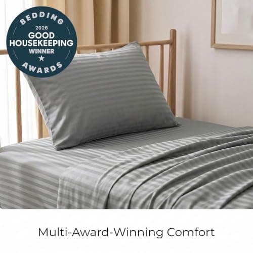 Mellanni Twin XL Sheets Set - 3 PC Iconic Collection Bedding - Hotel Luxury, Extra Soft, Cooling Bed Sheets - Wrinkle, Fade, Stain Resistant (Twin Extra Long, Striped Gray/Silver) - Thumbnail 3