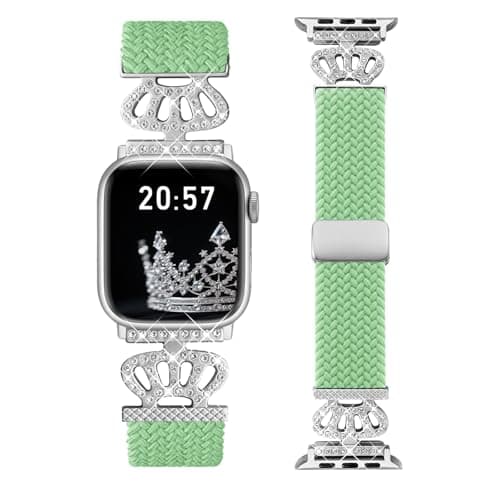 Chinber Braided Band Compatible with Apple Watch Bands 40mm 38mm 41mm 42mm 44mm 45mm 46mm 49mm,Magnetic Soft Nylon Stretchy Strap with Designer Bling Crown Strap for Series 10/9/8/7/6/5/4/3/2/SE/Ultra
