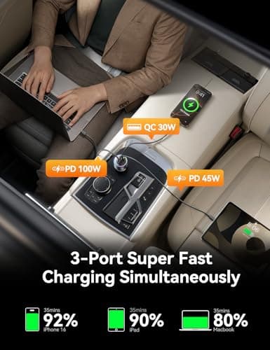 JOYROOM 175W USB C Car Charger Fast Charging, 3-Port Car Phone Charger PD100W+45W+USB30W Type C Car Charger Adapter with 100W USBC Cable Compatible with iPhone 16 Pro Max/16e, Samsung, iPad, Laptop - Thumbnail 3