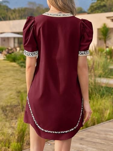 Wenrine Womens Puff Short Sleeve Mini Dress Casual V Neck Color Block Leopard Loose Beach Summer Dresses with Pockets - Thumbnail 4