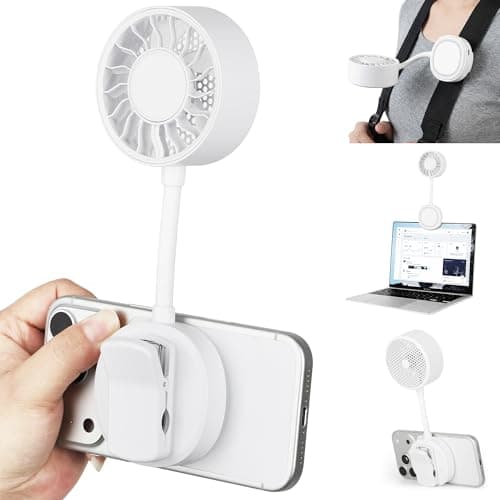 Magnetic Phone Clip Fan, Portable USB Rechargeable Personal Fan with 360° Flexible Gooseneck, 3 Speed Adjustable & Ultra-Wide Airflow, for iPhone, Stroller, Office, Desktop & Outdoor Travel (White)