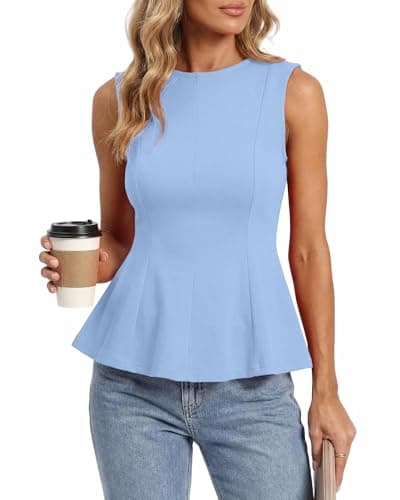 BTFBM Womens Summer Tops 2026 Business Casual Outfits Crew Neck Sleeveless Shirts Slim Fit Peplum Tank Top(Light Blue, Small) - Image 1