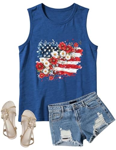 4th of July Flag Tank Tops Women-Floral American Flag Tops Patriotic Sleeveless Shirt Red White Blue Tank Top - Image 1