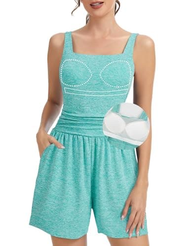 SLIMBELLE Built In Bra Athletic Rompers For Women Summer Square Neck Adjustable Strap Pleated Waist Pockets Short Jumpsuit One Piece Outfits GREEN M - Image 1