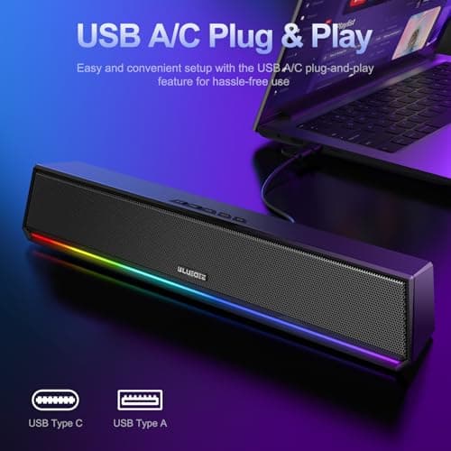 Bluedee Computer Speakers for Desktop PC, Bluetooth 5.3 PC Speakers with Dynamic RGB Light, Wired USB Plug & Play Computer Sound Bar, USB/Type-C Powered Gaming Speakers for Desktop, Laptops, Tablet - Thumbnail 3