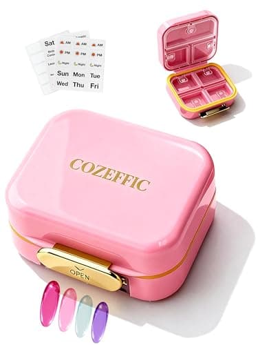 Small Pill Case Travel Pill Box with 7 Compartments for Purse - Compact Pill Organizer for Medicine Vitamin - Portable Container for Fish Oil & Supplements - Soft Pink - Image 1