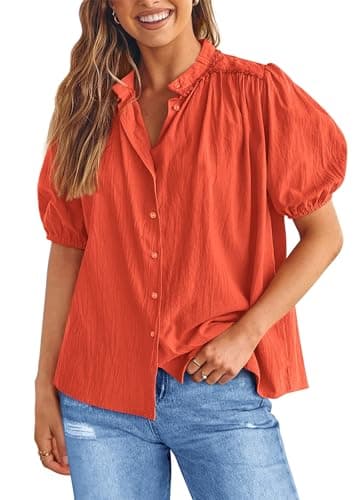 PRETTYGARDEN Women's 2026 Summer Button Down Shirts Short Lantern Sleeve V Neck Cotton Cute Tops Dressy Casual Blouses (Orange,Large) - Image 1