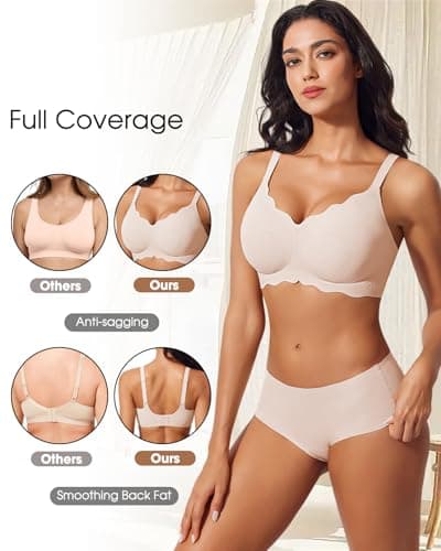 LIIJOO Wireless Seamless Scalloped Bra Full Coverage Push Up Lift No-Underwire Back-Smoothing U-Back Adjustable Straps Hook-and-Eye Breathable Stretch Pads（Blush Pink, 3XL） - Thumbnail 4