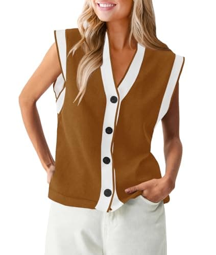 Saodimallsu Womens V Neck Sweater Vest Button Down Cap Sleeve Summer Trendy Color Block Loose Knit Tank Tops Brown - Image 1