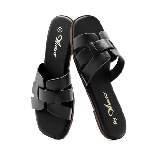 Athlefit Women's Black Flat Sandals Fashion Square Open Toe Dressy Summer Slip On Leather Slide Sandals Size 7.5 - Thumbnail 6
