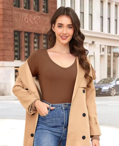 Ganado Long Sleeve Shirts for Women V Neck Thermal Shirt Layering Undershirts Plain Fitted Basic Tops (Coffee, XX-Large) - Thumbnail 4