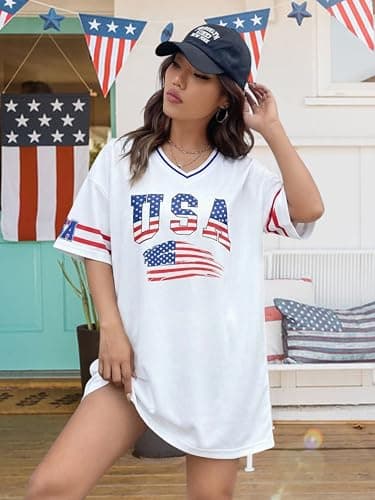 USA Jersey Shirts for Women Oversized American Flag Tshirt 4th of July Outfits V Neck Baggy Streetwear Tops - Thumbnail 5