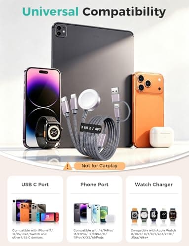 2026 Travel Essentials,3 in 2 USB C Cable for Apple Watch Charger,iPhone Charger,Multi Charging Cable,Cruise Vacation Camping Essentials for iWatch Series 11-2/Ultra,iPhone 17-12,Car,Sony PSP Cables - Thumbnail 3