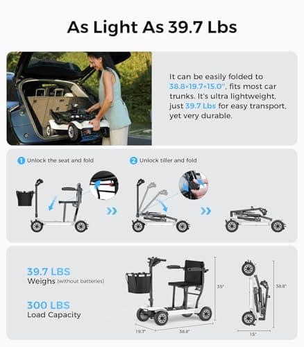 PAISEEC Ultra Lightweight Mobility Scooter for Adults, Electric Powered Mobility Scooter, 39.7 lbs Folding Design with 2 Lithium Batteries, Travel up to 18.6 Miles Airline Approved-White - Thumbnail 3