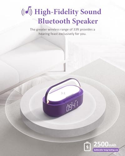 COLSUR Bluetooth Speaker Alarm Clock with Wireless Charger, FM Radio, Adjustable LED Night Light, 6 in 1 Bedroom Portable Speaker 2500mAh, Phone Stand for Bedside, Home, Office, Gift (Purple) - Thumbnail 2
