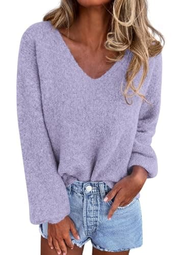 KIRUNDO Sweaters for Women Fall 2026 Oversized V Neck Cozy Cute Casual Long Sleeve Knit Pullover Trendy Winter Clothing(Light Purple, X-Large) - Image 1